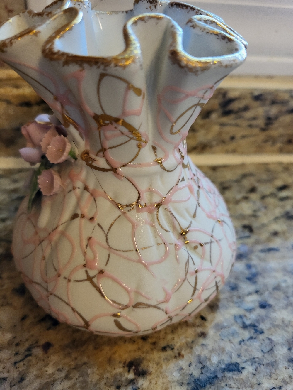 Lefton Porcelain Heavily Crimped  Pink Floral Accent Vase with Gold Trim - Picture 11 of 16